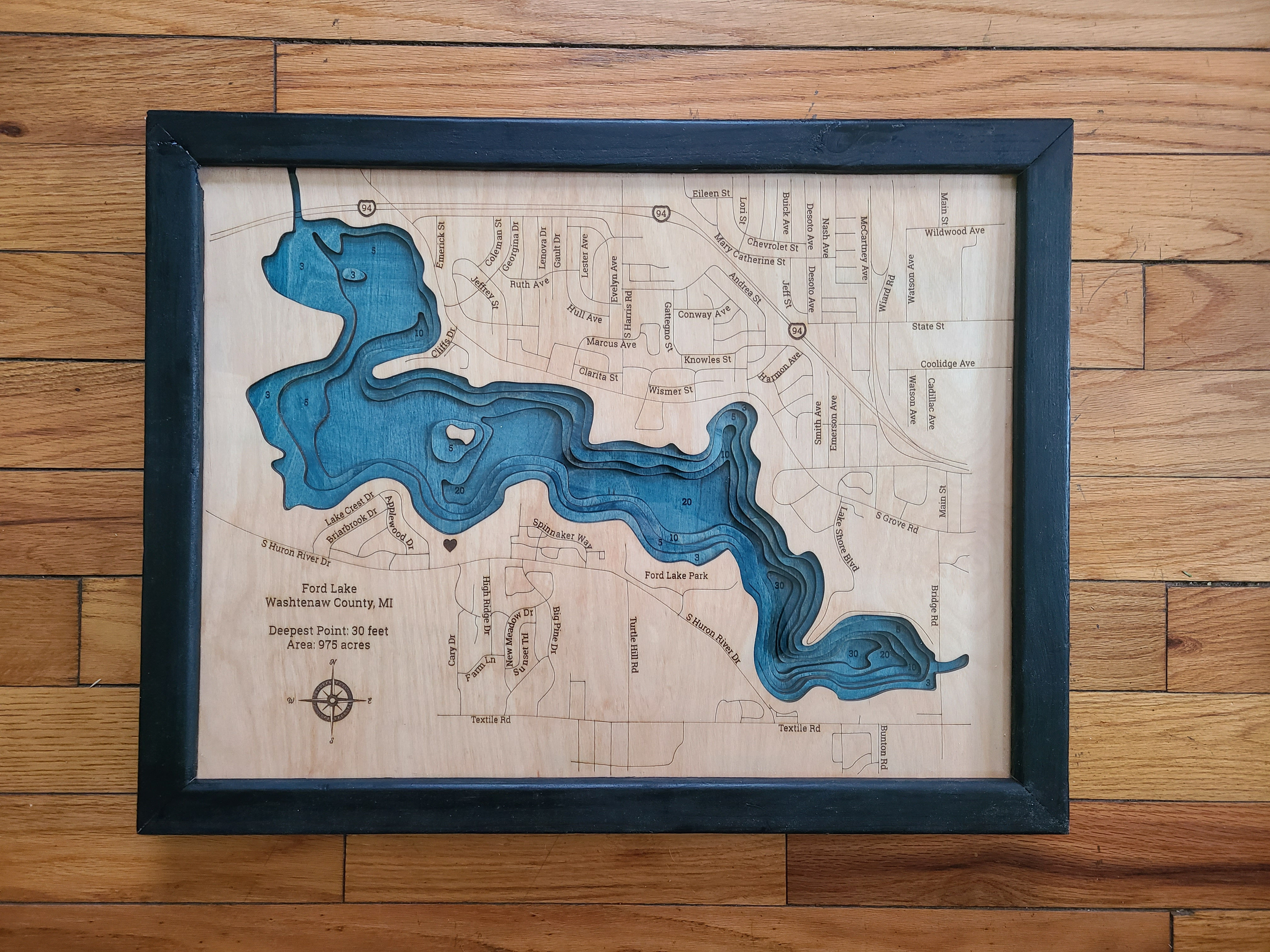 ford lake 3d wood map in black frame