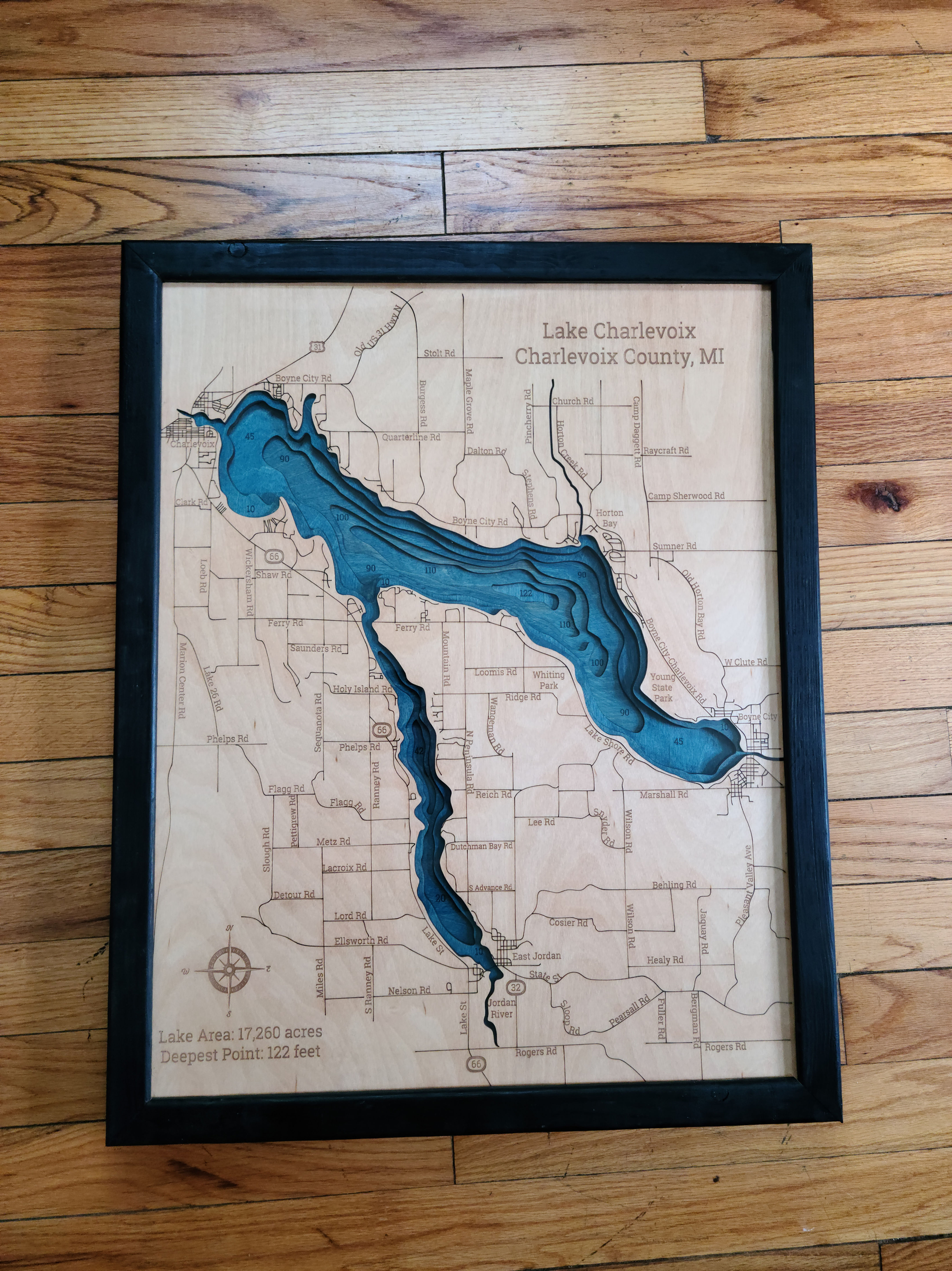 Lake charlevoix 3d wood map in black frame