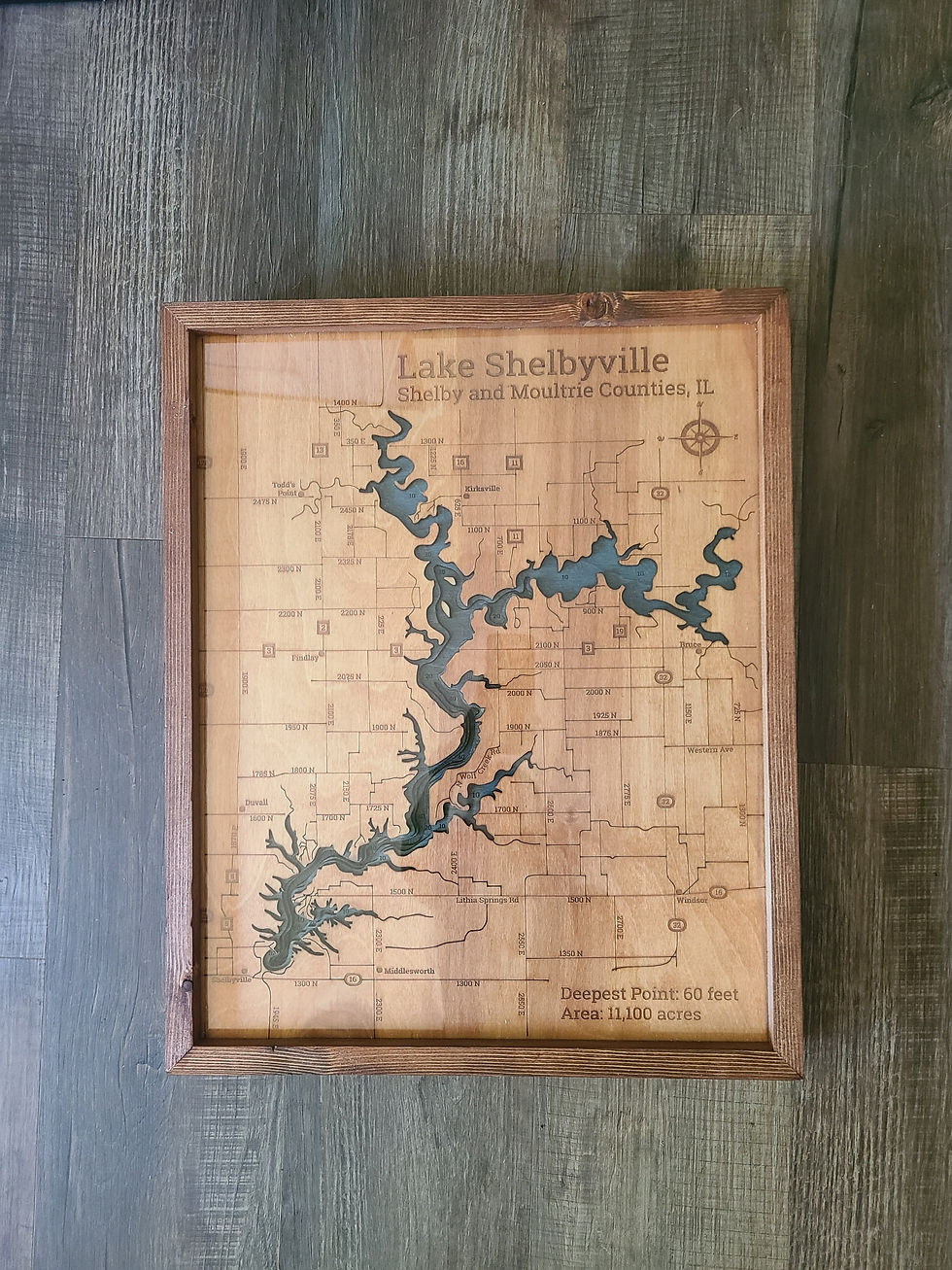 Lake shelbyville 3d wood map in medium brown