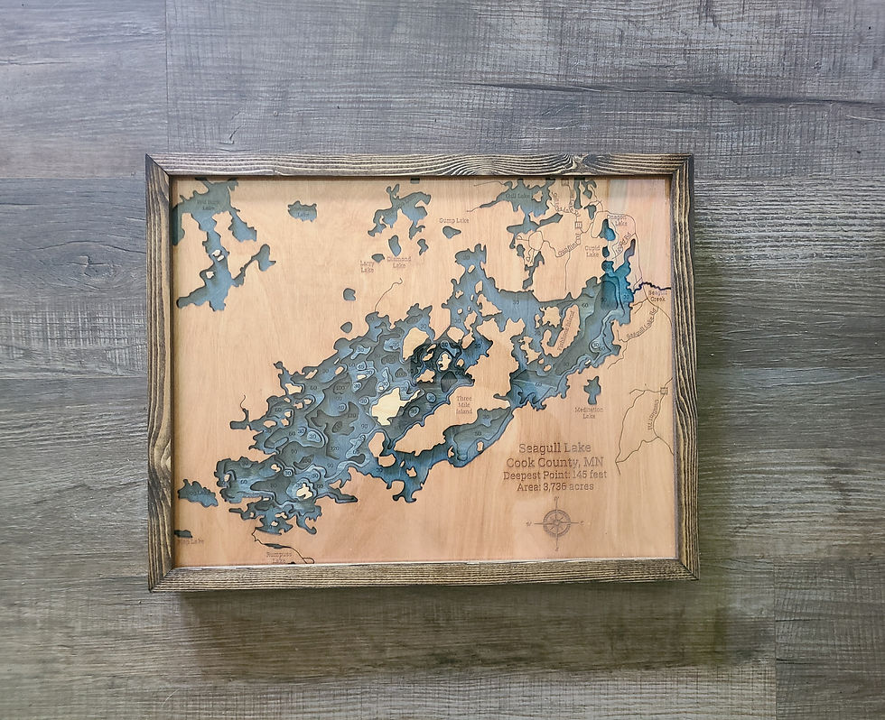 sea gull lake 3d wood map in dark brown frame