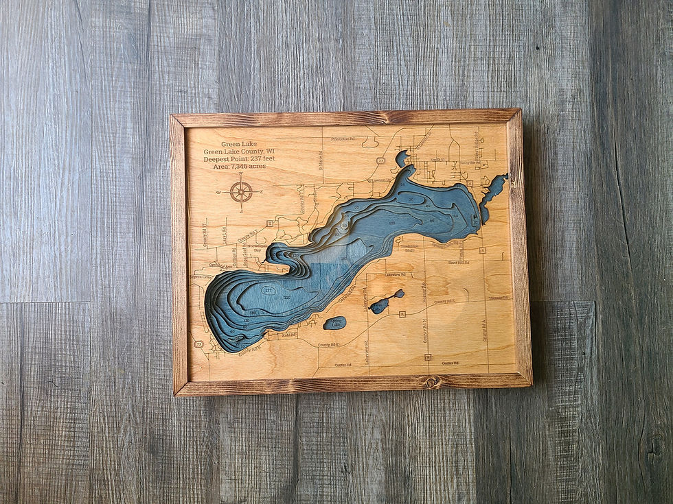 green lake wood map in medium brown frame