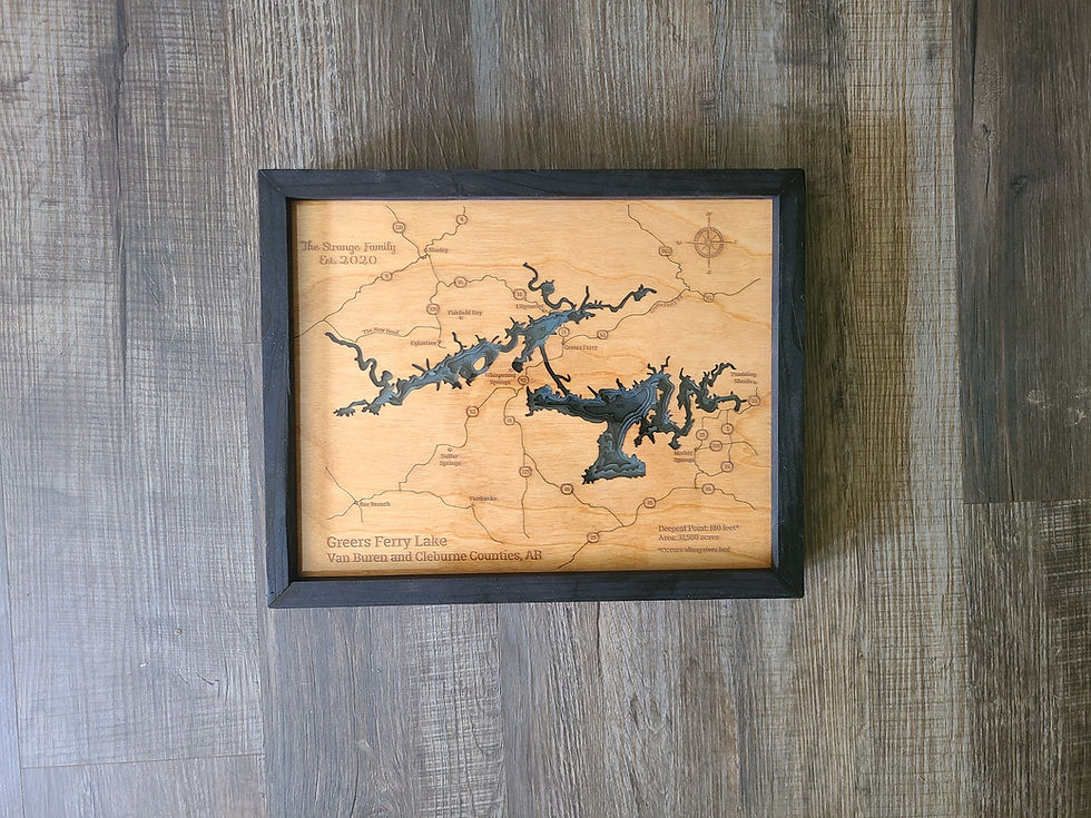 Thumbnail: greers ferry 3d wood map in black frame