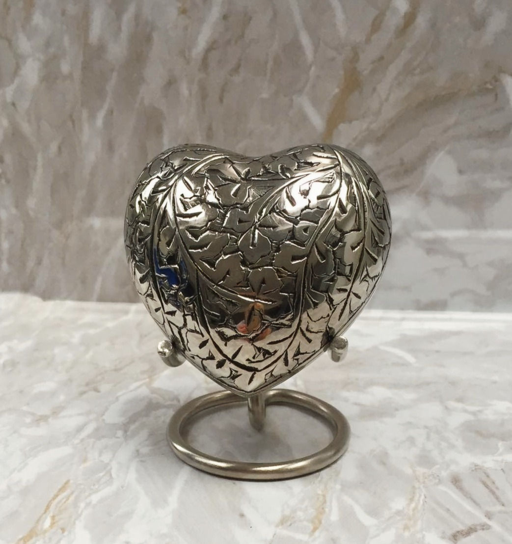 Silver Heart Urn with Deep Floral Engraving - 3.5"