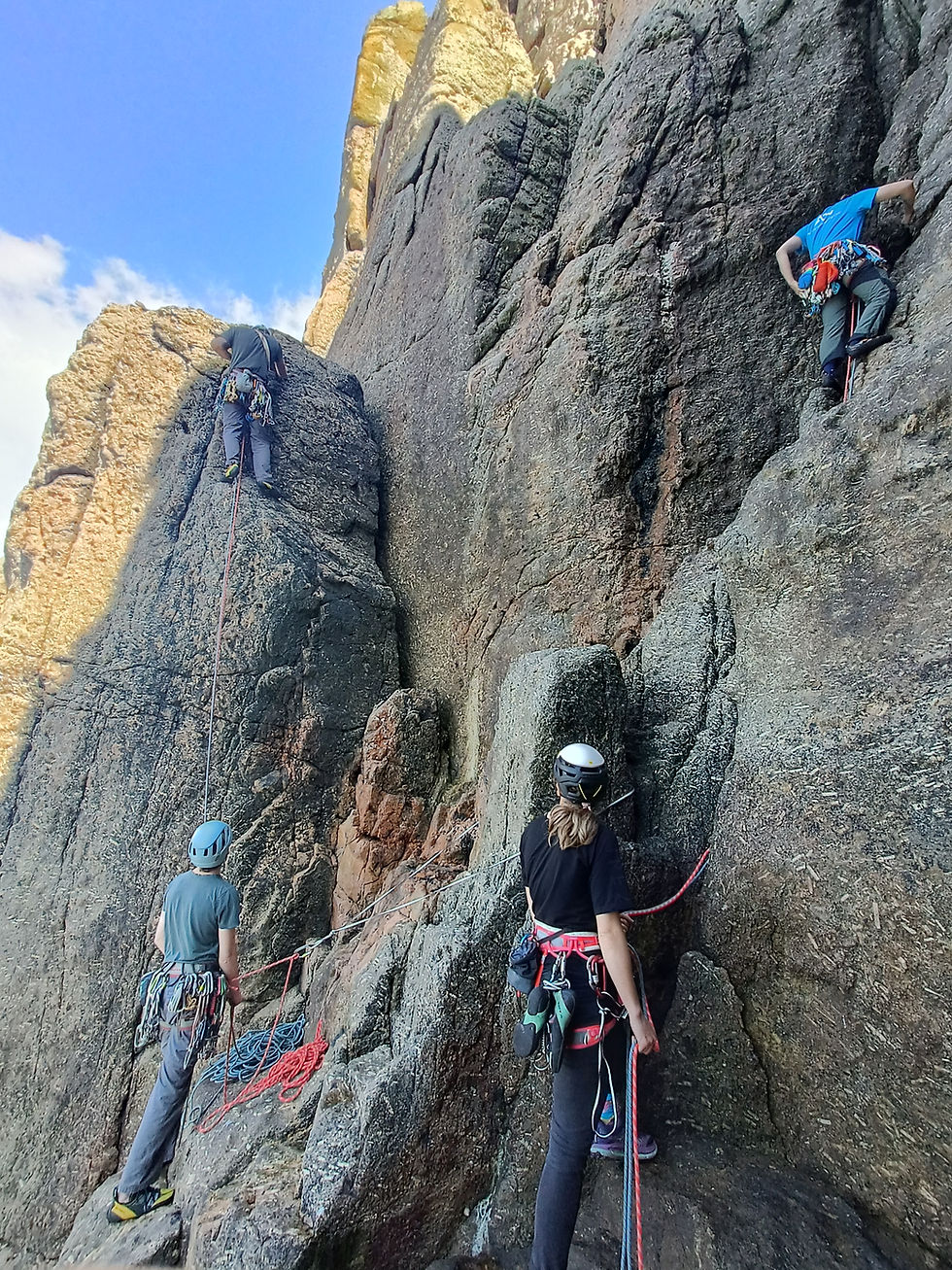 Me and Dan bypassing the wet start of Excelsior while Will and Anna head off on South Face Direct