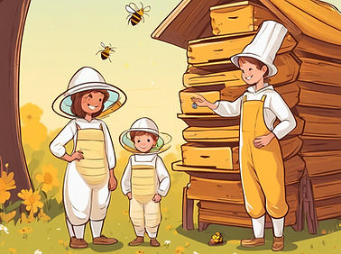 cartoon kids and supervising adults in beekeeper outfits, with a hive .jpg