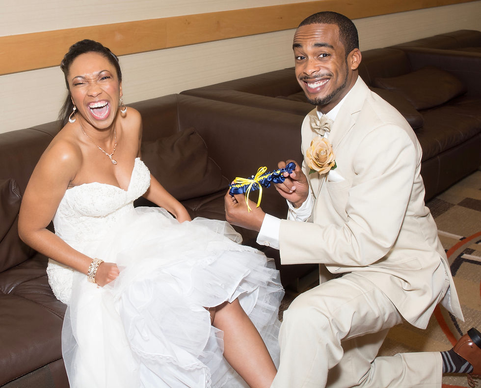 Thumbnail: University of Michigan Wolverines Wedding Garter with Bride and Groom