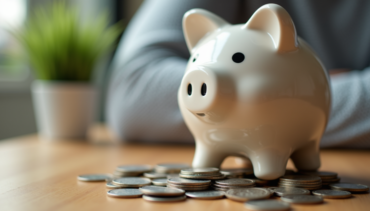 Vista a nivel de ojo de una alcancía de cerámica con monedas dentro