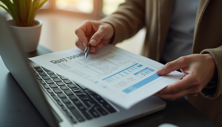 Vista en ángulo alto de una persona revisando su estado de cuenta de tarjeta de crédito