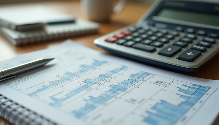 Vista frontal de una mesa con calculadora, cuadernos y billetes organizados para manejo financiero