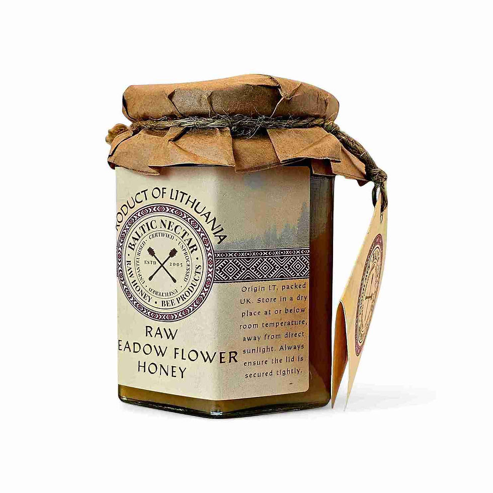 Angled side view of natural meadow flower honey jar – artisan and unpasteurised