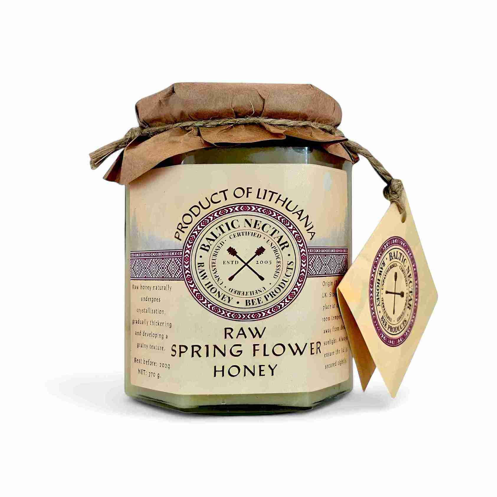 Jar of Baltic Nectar raw spring flower honey 370g – artisan, natural and unpasteurised from Lithuania