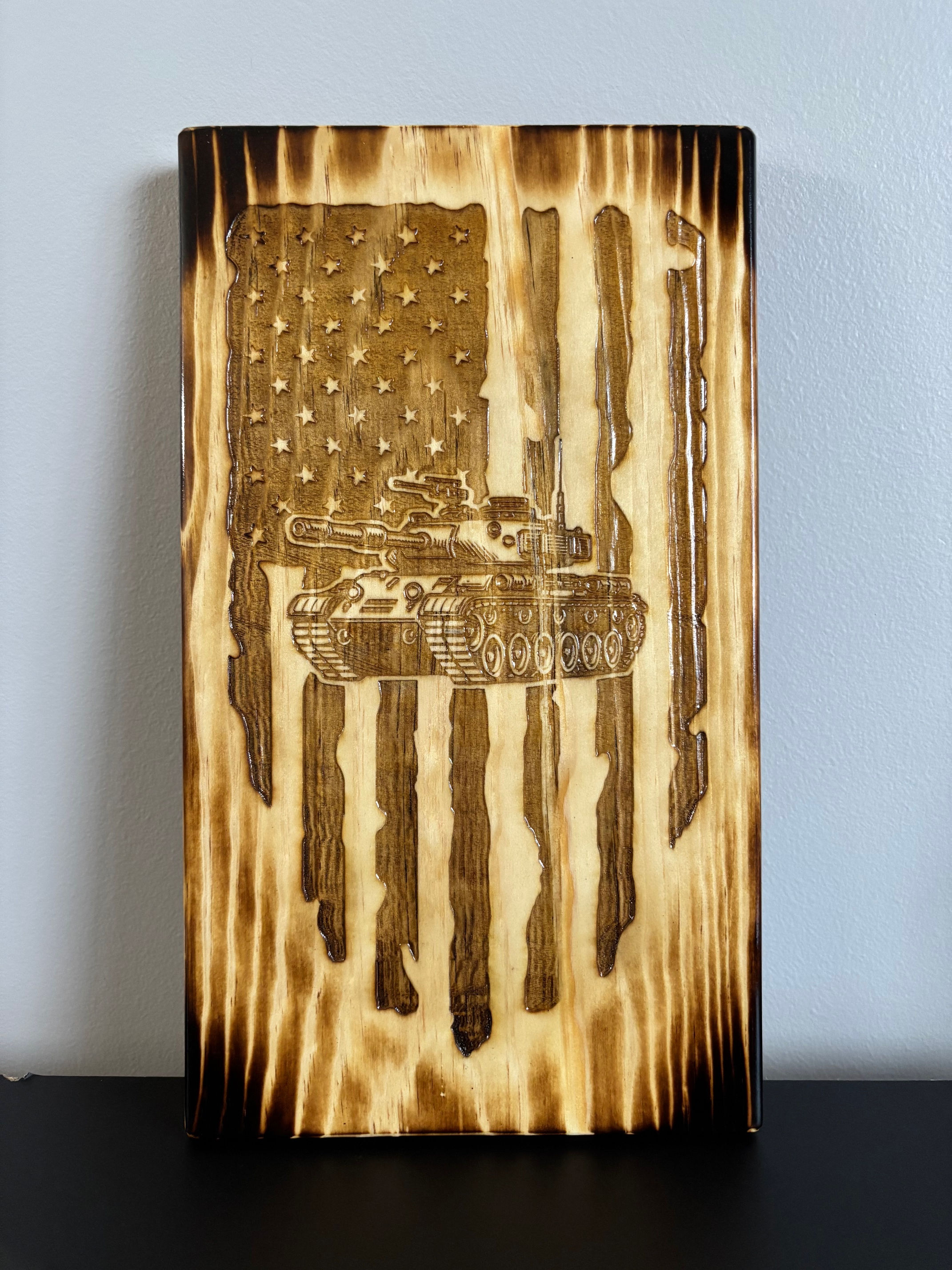 American Flag with a Military Tank Sign