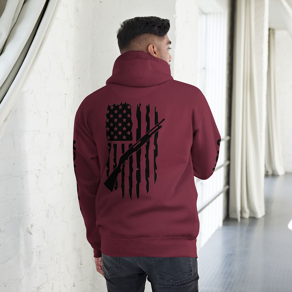Thumbnail: Patriotic Shotgun Hoodie with American Flag Background