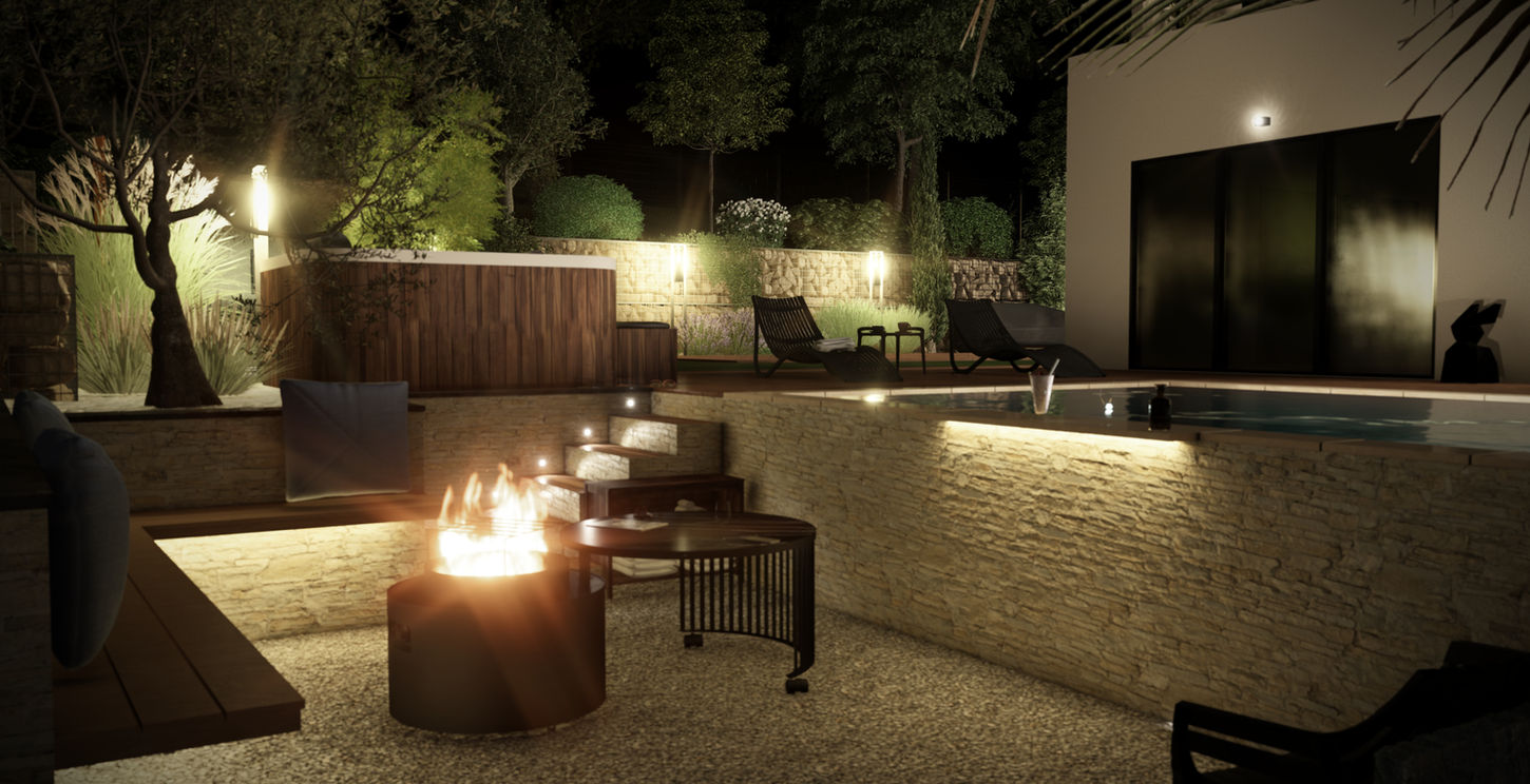 Patio encastré avec cheminée extérieure, brasero, bar en lien avec la piscine, assise bois sur mesure et banc en mobilier haut de gamme de nuit avec des éclairage haut de gamme et la mise en valeur