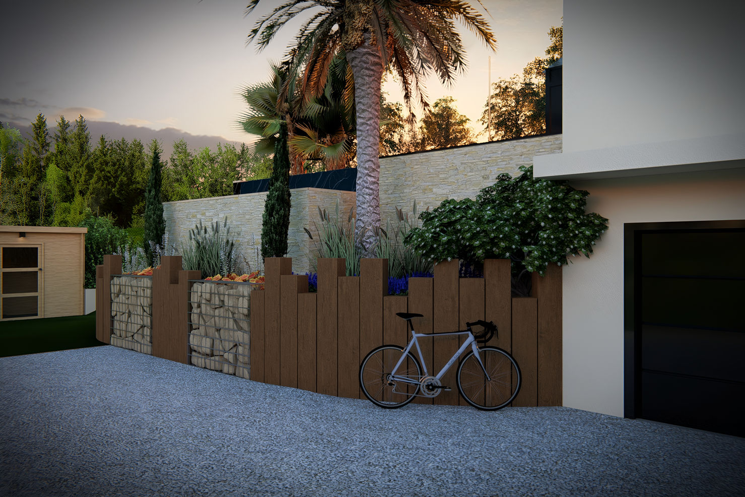 Retaining wall with beams and gabions creating a Mediterranean/tropical planter. Buffer block for an infinity pool, glass railing, and custom-made wood and tile terrace.