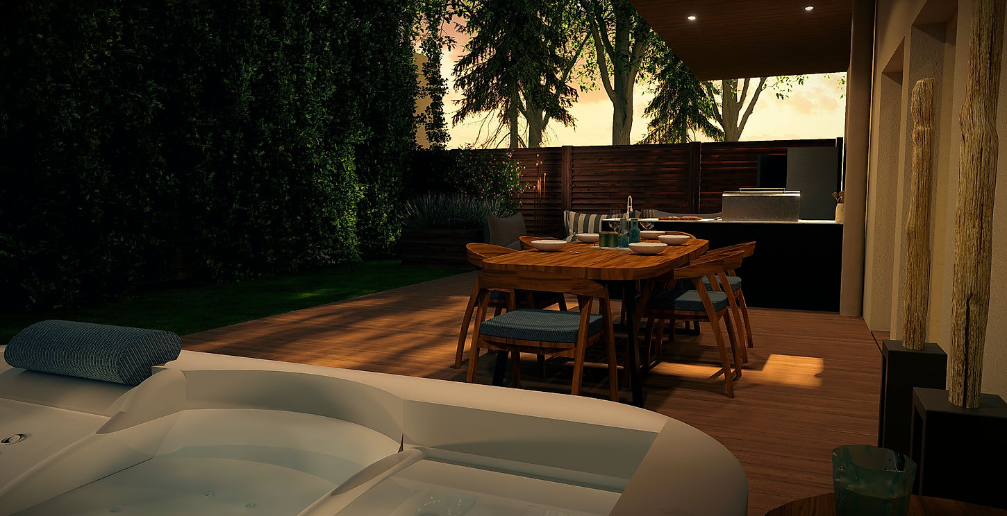 Jacuzzi, table à manger, mobilier extérieur haut de gamme et cuisine extérieure