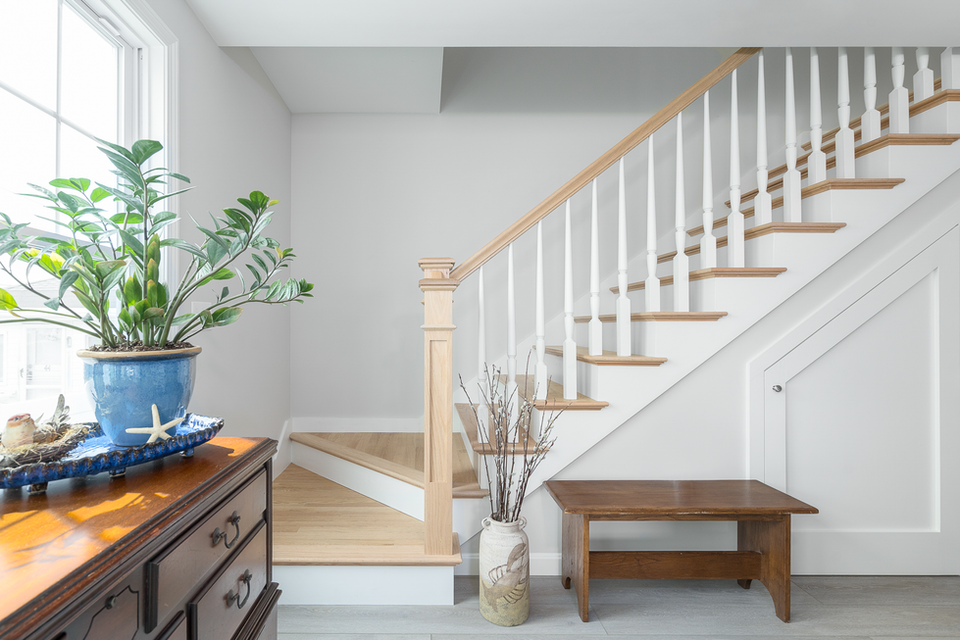 Entryway with wooden staircase, green plant, and small bench