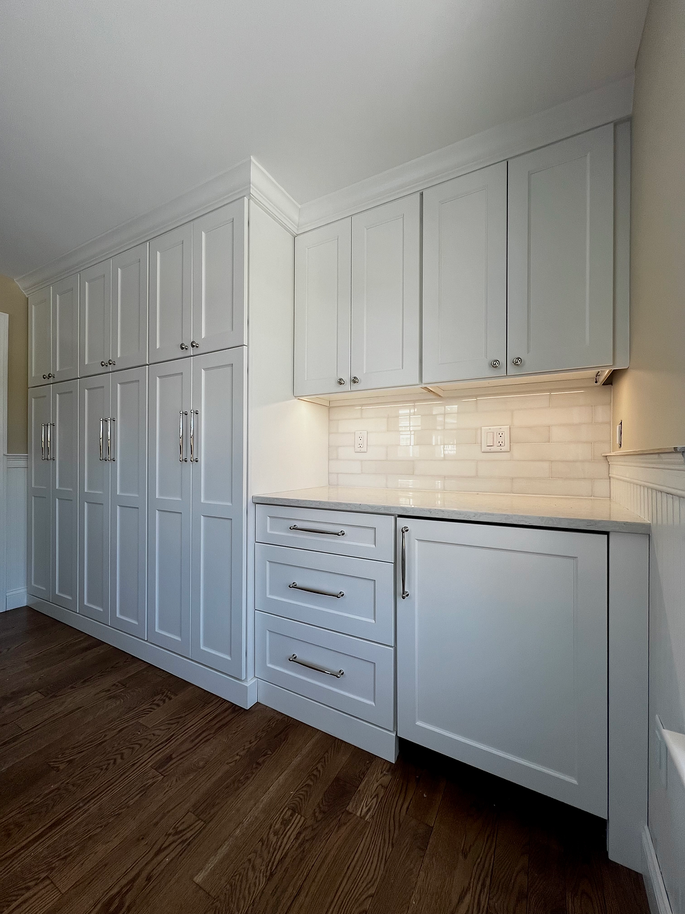 High en cabinets, custom cabinets from Omega, mini fridge, quartz countertops, premium fixtures, custom wall tile, wainscoting.