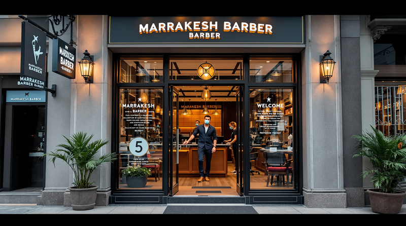 Marrakesh Barber shop with open doors, signage, and people in masks welcome