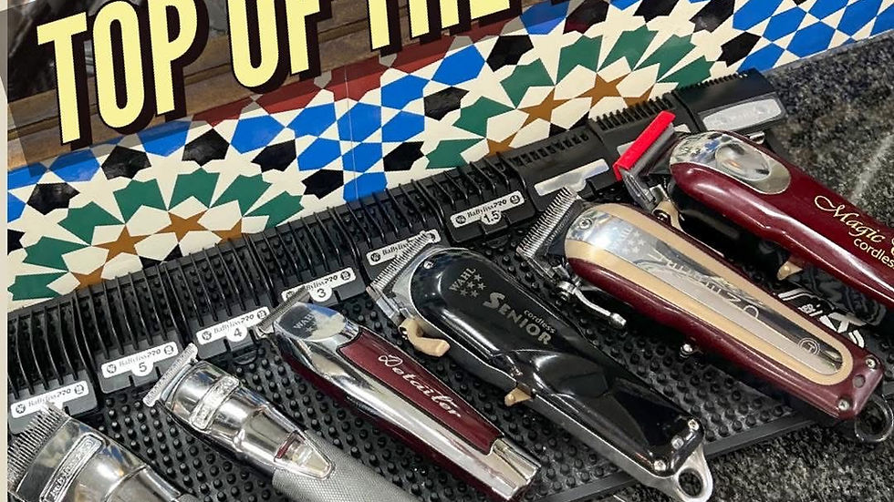 Eye-level view of a barber station with grooming tools