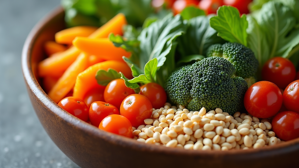 Close-up view of a colorful bowl of fresh organic vegetables and grains