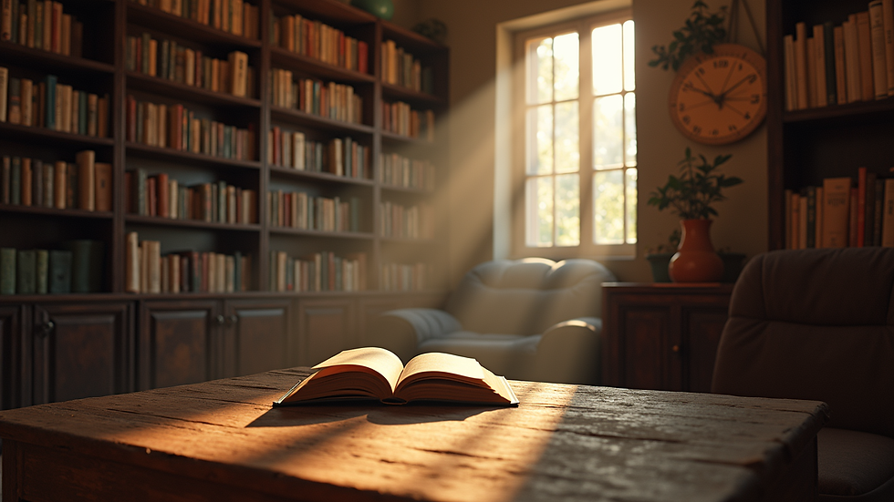 Eye-level view of a cozy reading nook filled with books and a warm light