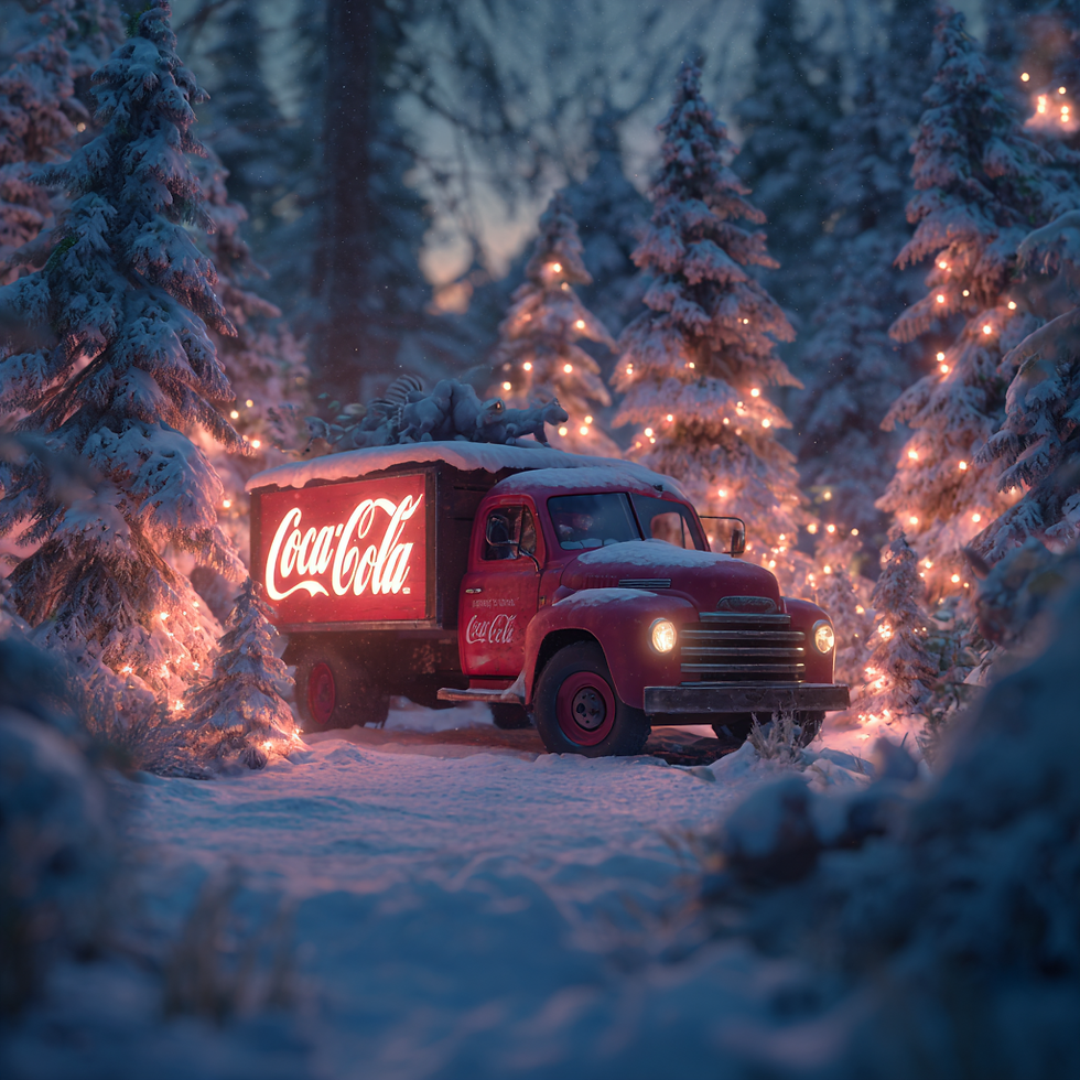 Scena cinematografica natalizia invernale ispirata al brand Coca-Cola: camion rosso vintage, luci nella neve, alberi di Natale neon, animali animati digitalmente, atmosfera magica e moderna.