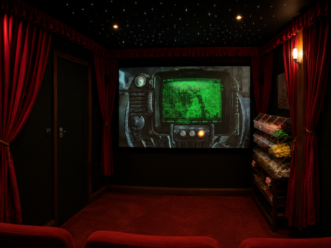 Small home theater with red curtains and starry ceiling.