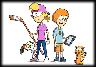Cartoon artwork featuring Sophie and Max from the Animazombs series, alongside two Animazomb creatures, representing the main kids of Sparks Cove.