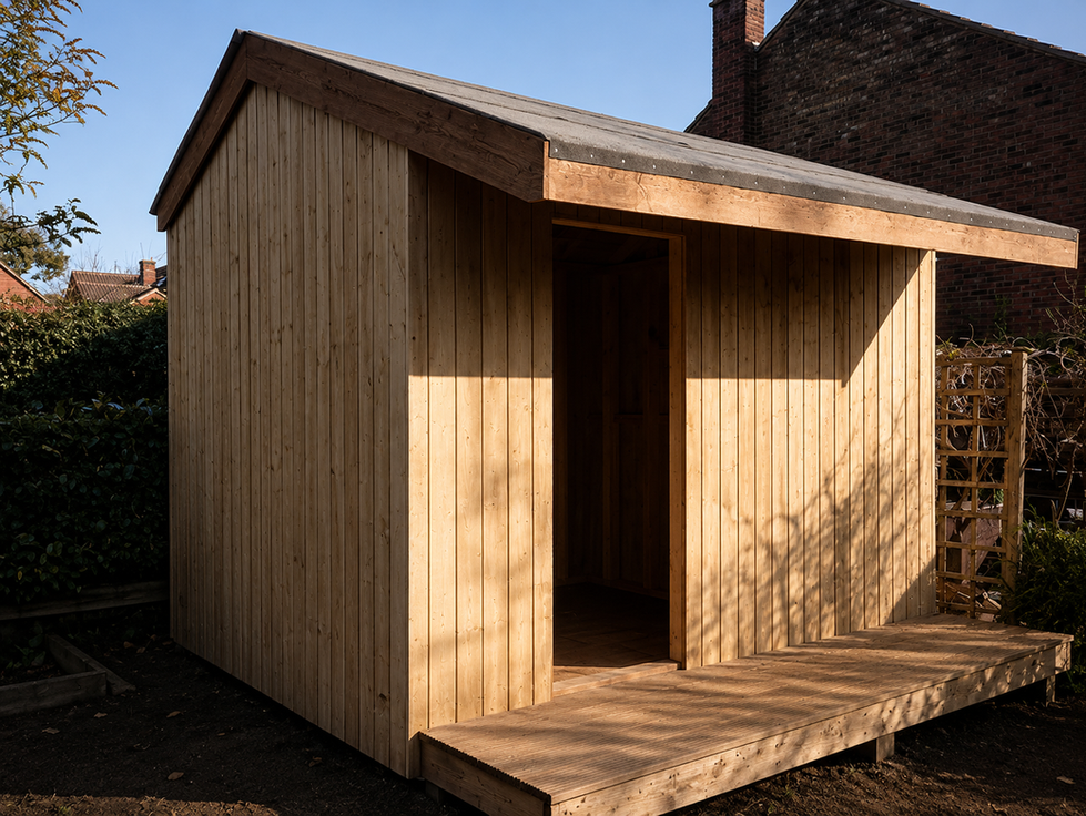 Wooden shed with slanted roof and open entrance.