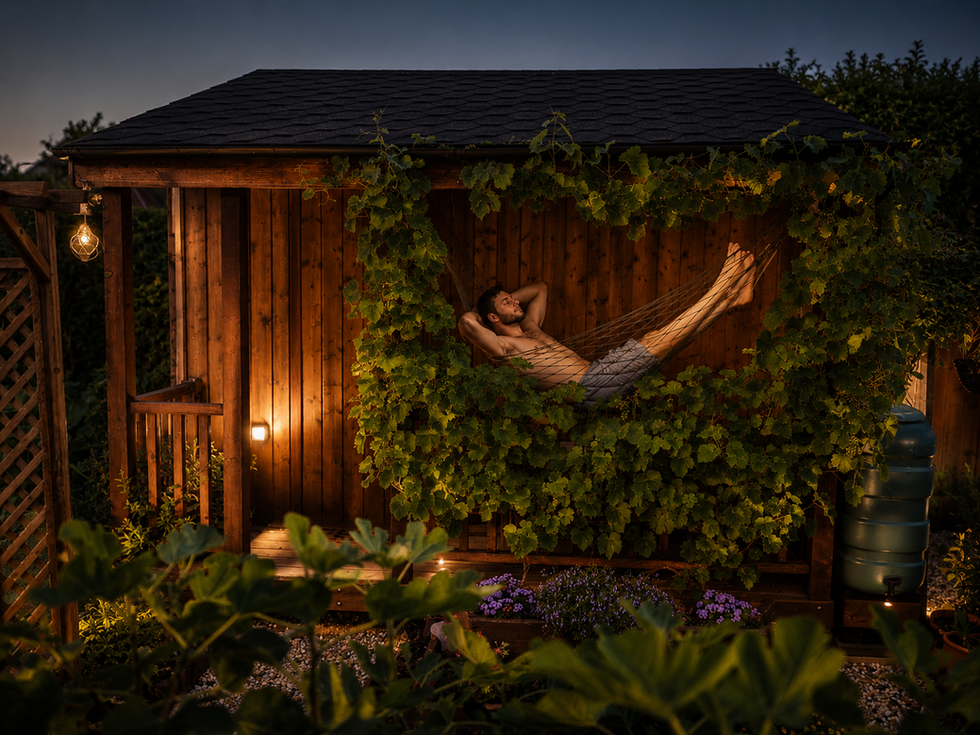 Person relaxing in a hammock surrounded by greenery on the porch of an outdoor cinema.
