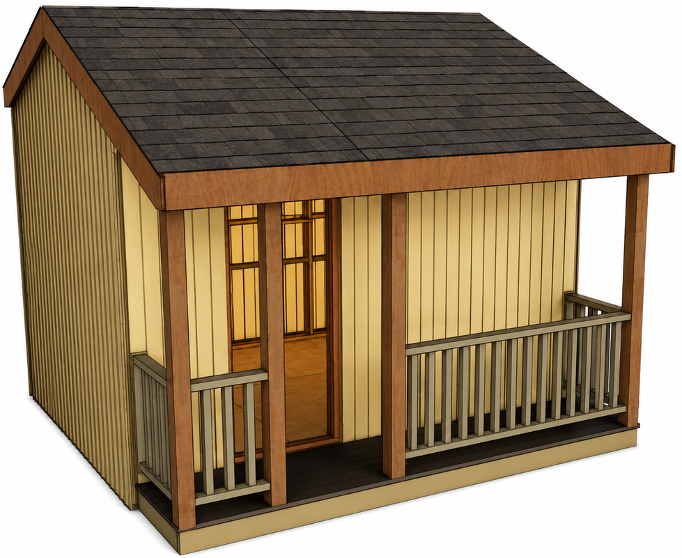 Small wooden cabin with porch and dark roof.