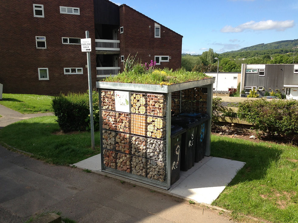 A fire resistant bin shelter. With a growing roof a wildlife habitat clad sides. Hides bins from the housing around it.