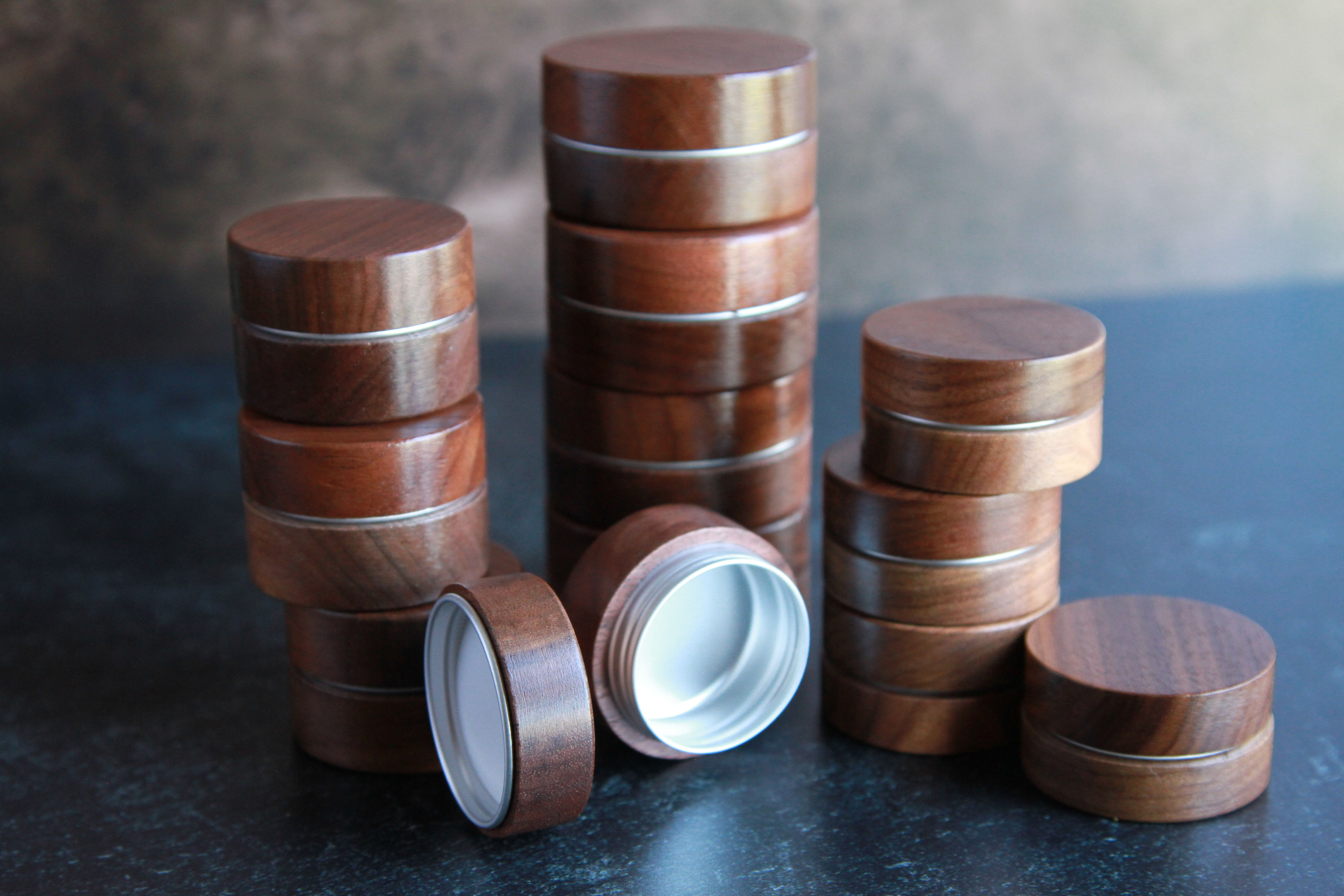 Black Walnut Round Aluminum Tin