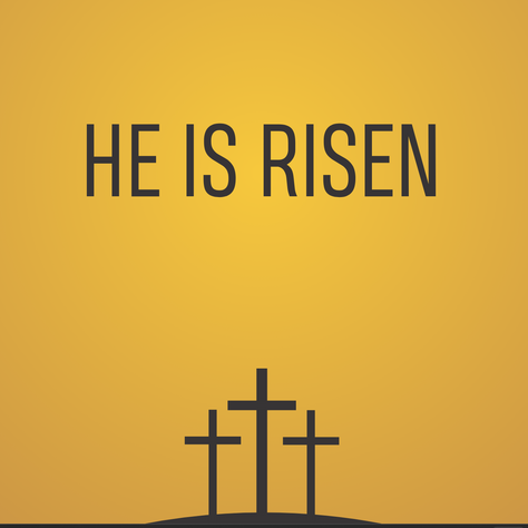 He is risen text, with images of crosses