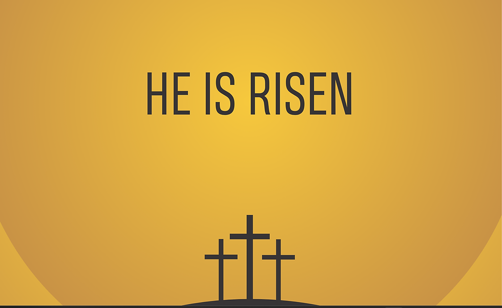 He is risen text, with images of crosses