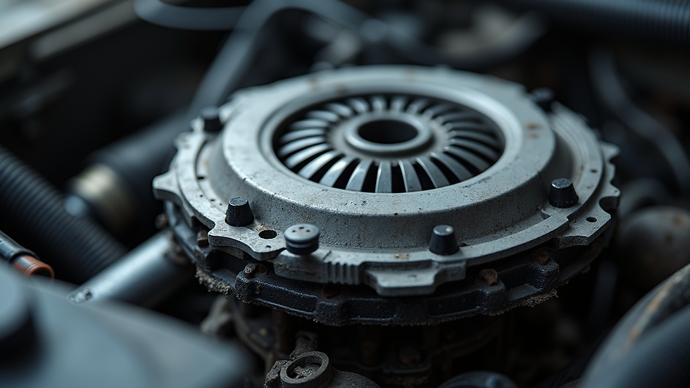 Close-up view of a car clutch assembly on a workbench