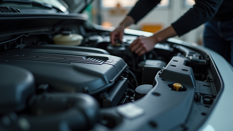 Close-up view of car engine being inspected during maintenance