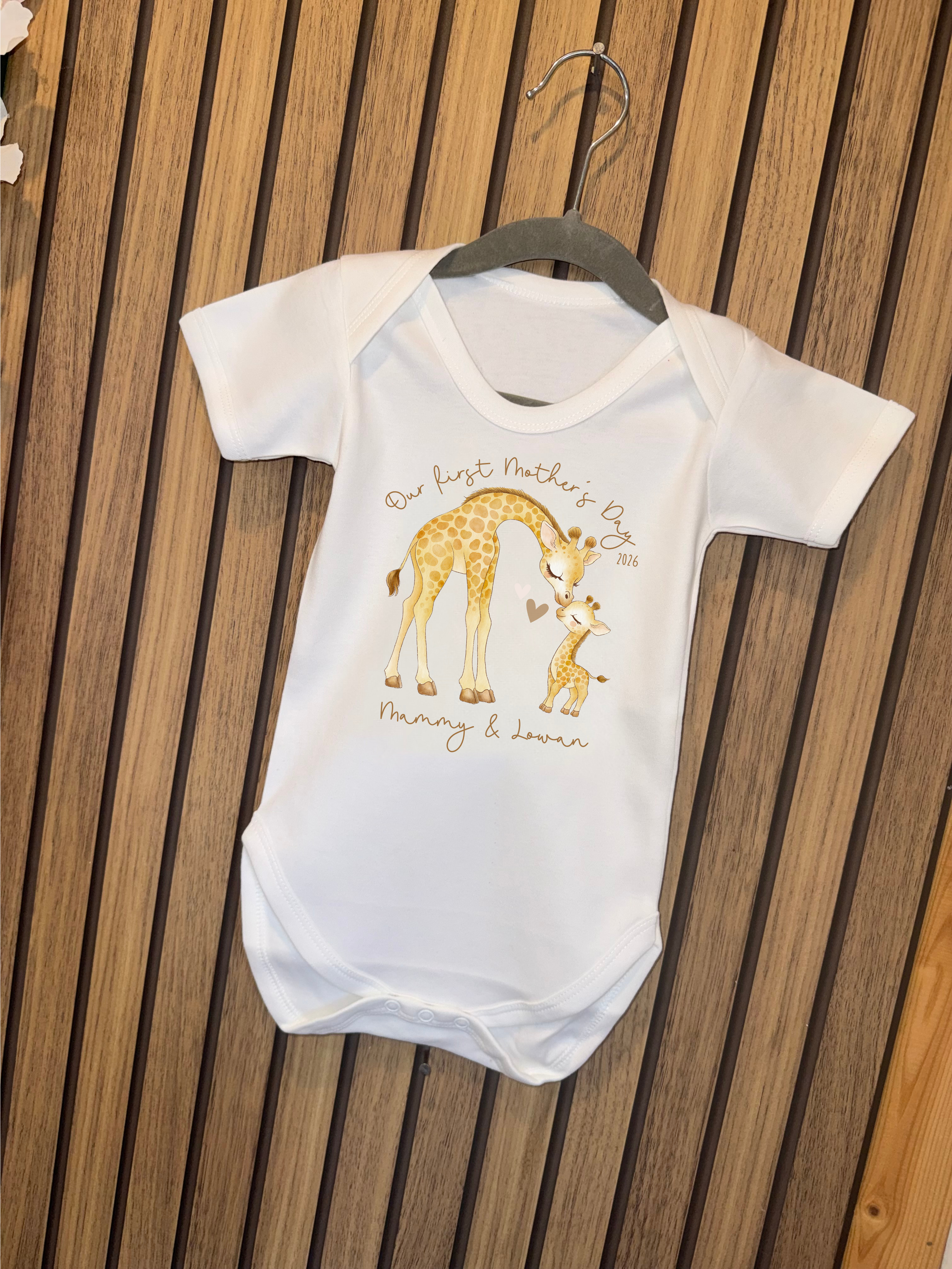 Cute Giraffe Design for Mother's Day. Personalised Babygrow/vest/tsh