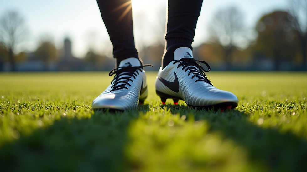 eye-level view of soccer cleats on grass field