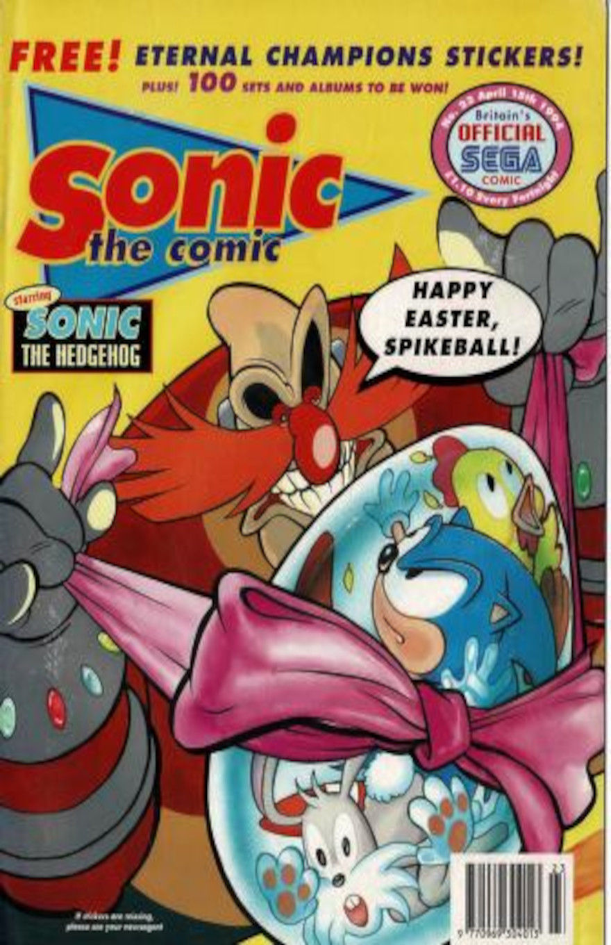 Doctor Robotnik hold a see-through Easter egg by the ends of a pink bow tied around it while saying, "Happy Easter, Spikeball!" Inside the egg are Sonic the Hedgehog, a rabbit, and a chick.
