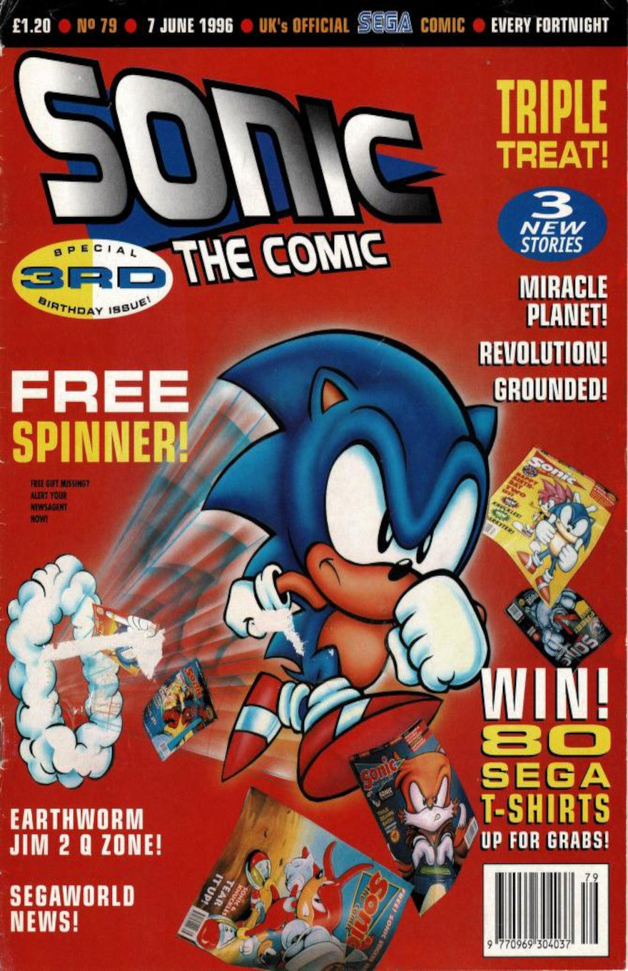 Sonic the Hedgehog races from left to right as covers of older issues of Sonic the Comic scatter around him.