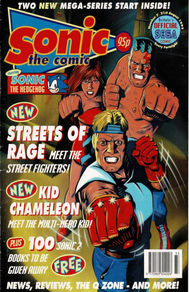 Three characters from Streets of Rage stand facing forward, teeth bared and one first outstretched, punching toward the reader. In the front is Axel Stone, clad in a blue outfit with blue bandana and blond hair, wearing red gloves. Behind him and to the left is the red-headed Blaze Fielding, wearing a red top, red skirt, and red shoes. Behind Axel and to the right is Max Hatchet. He is bare-chested, with blue trousers and blue and red boots. He has a red lightning bolt facial marking on the left side of his face, from forehead to cheek and over his left eye.