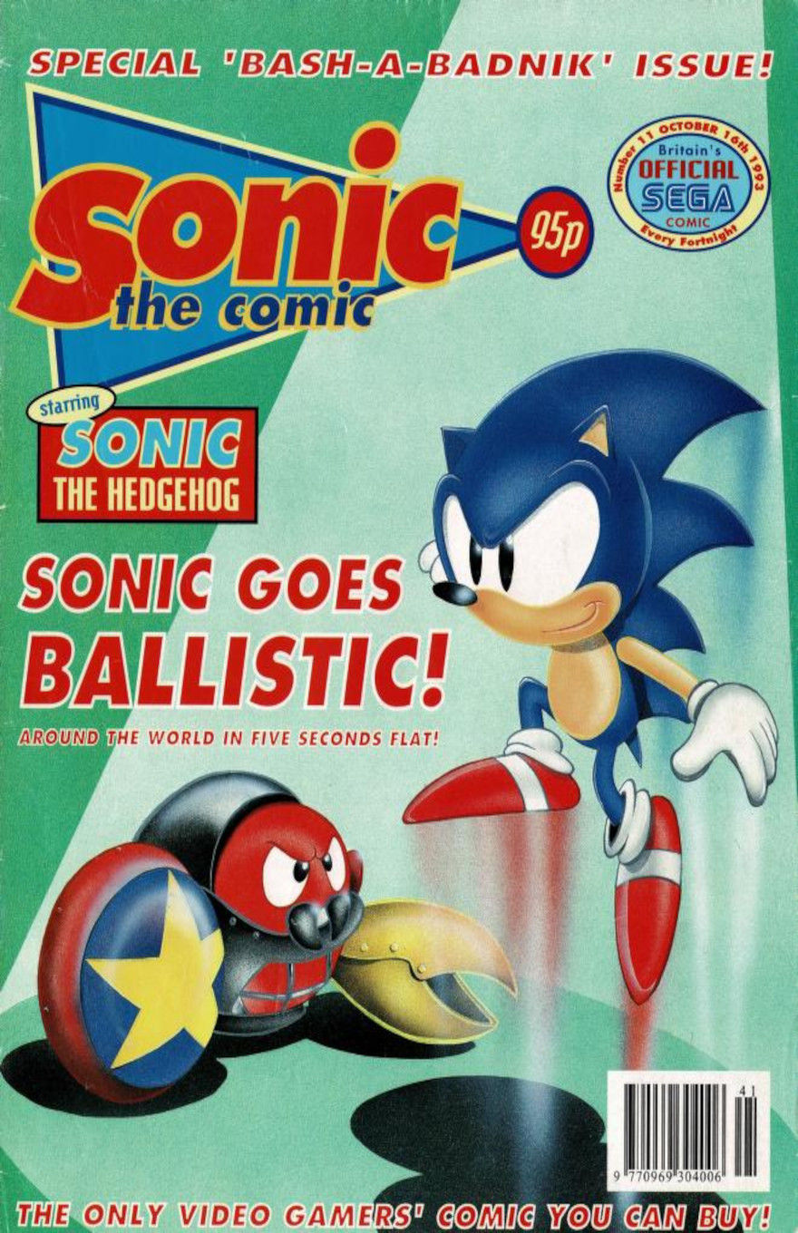 Sonic the Hedgehog is in mid jump and facing left. To his left a Crawl Badnik glares at him, wielding a shield with a star design and brandishing a yellow pincer.