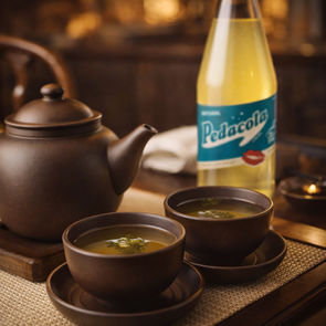 Schalen mit Grüntee, im Hintergrund eine Flasche Pedacola Bio-Sirup