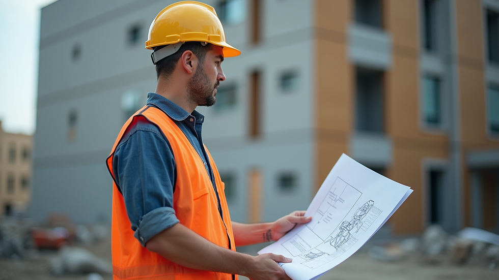 Close-up view of a contractor reviewing blueprints on a construction site