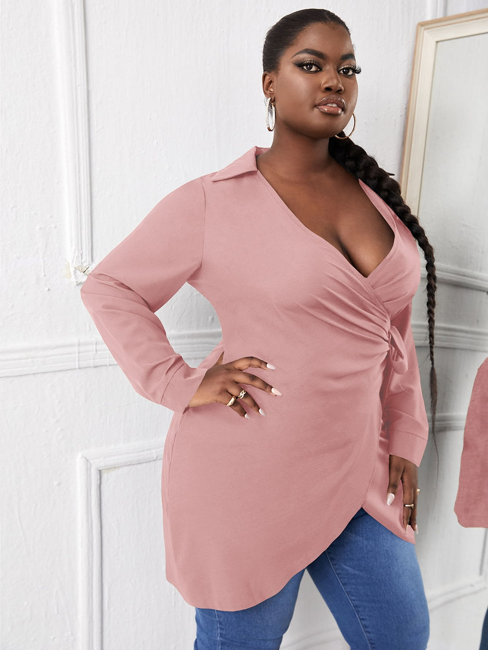 Thumbnail: Plus Solid Tie Side Wrap Blouse