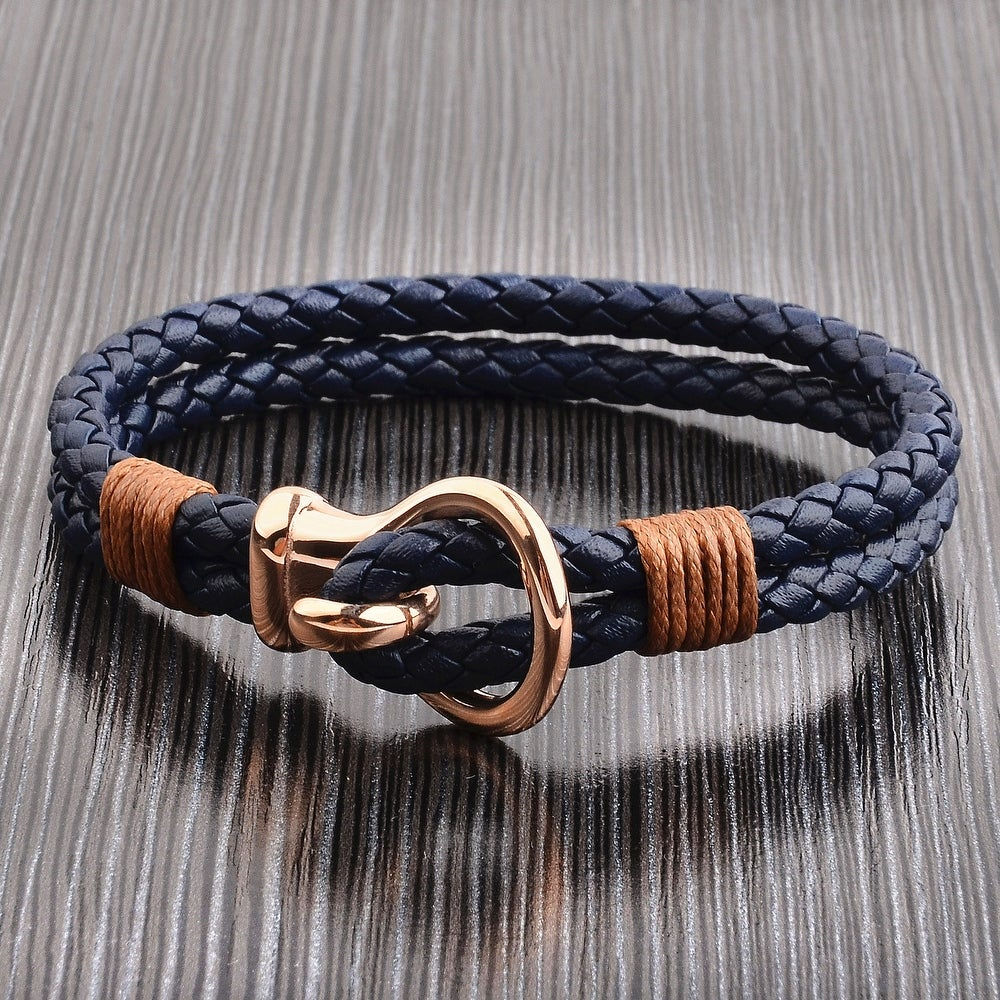 Men's Stainless Steel Hook Clasp Leather Bracelet (10mm Wide)