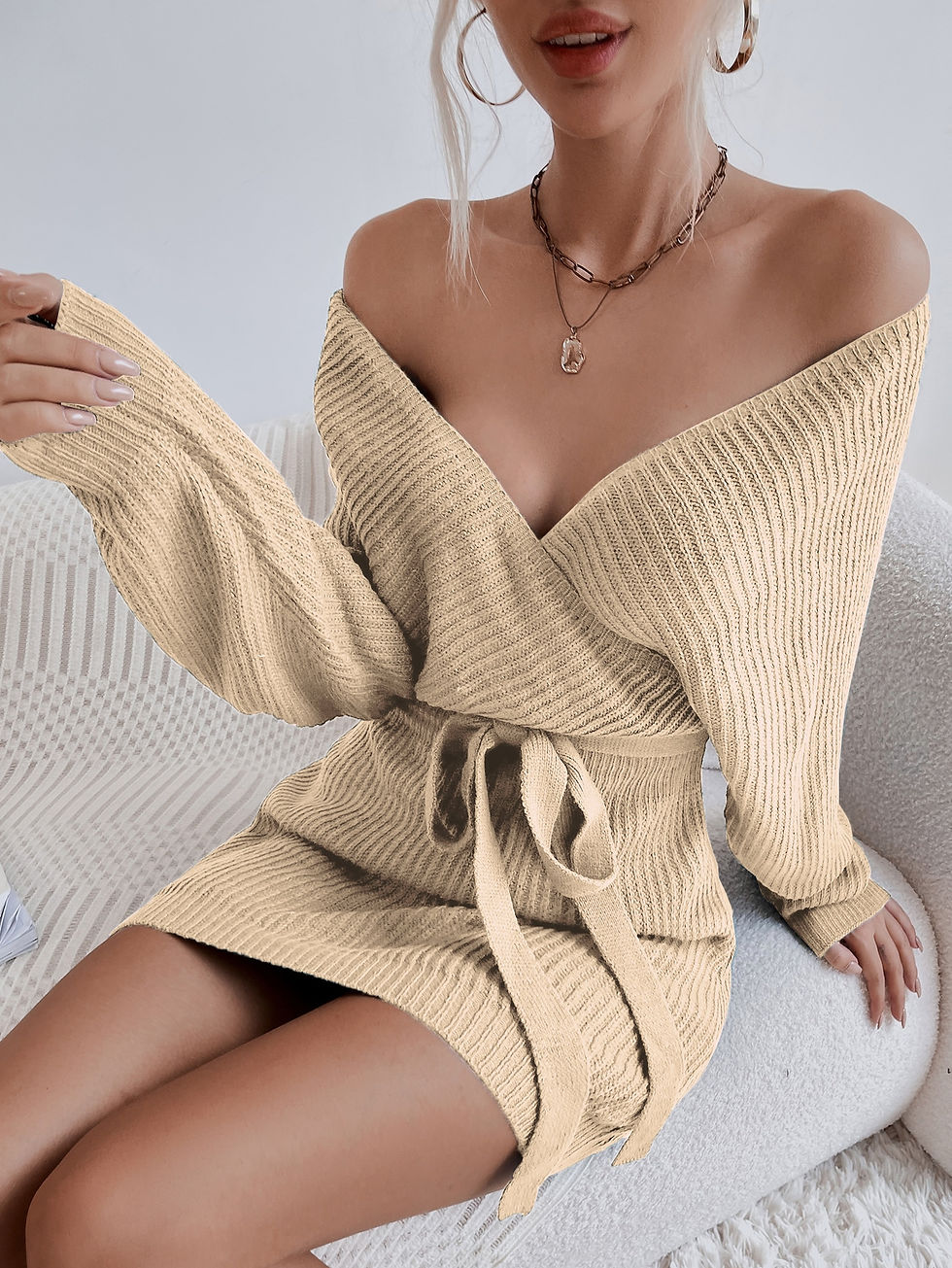 Thumbnail: Surplice Neck Cut Out Belted Sweater Dress