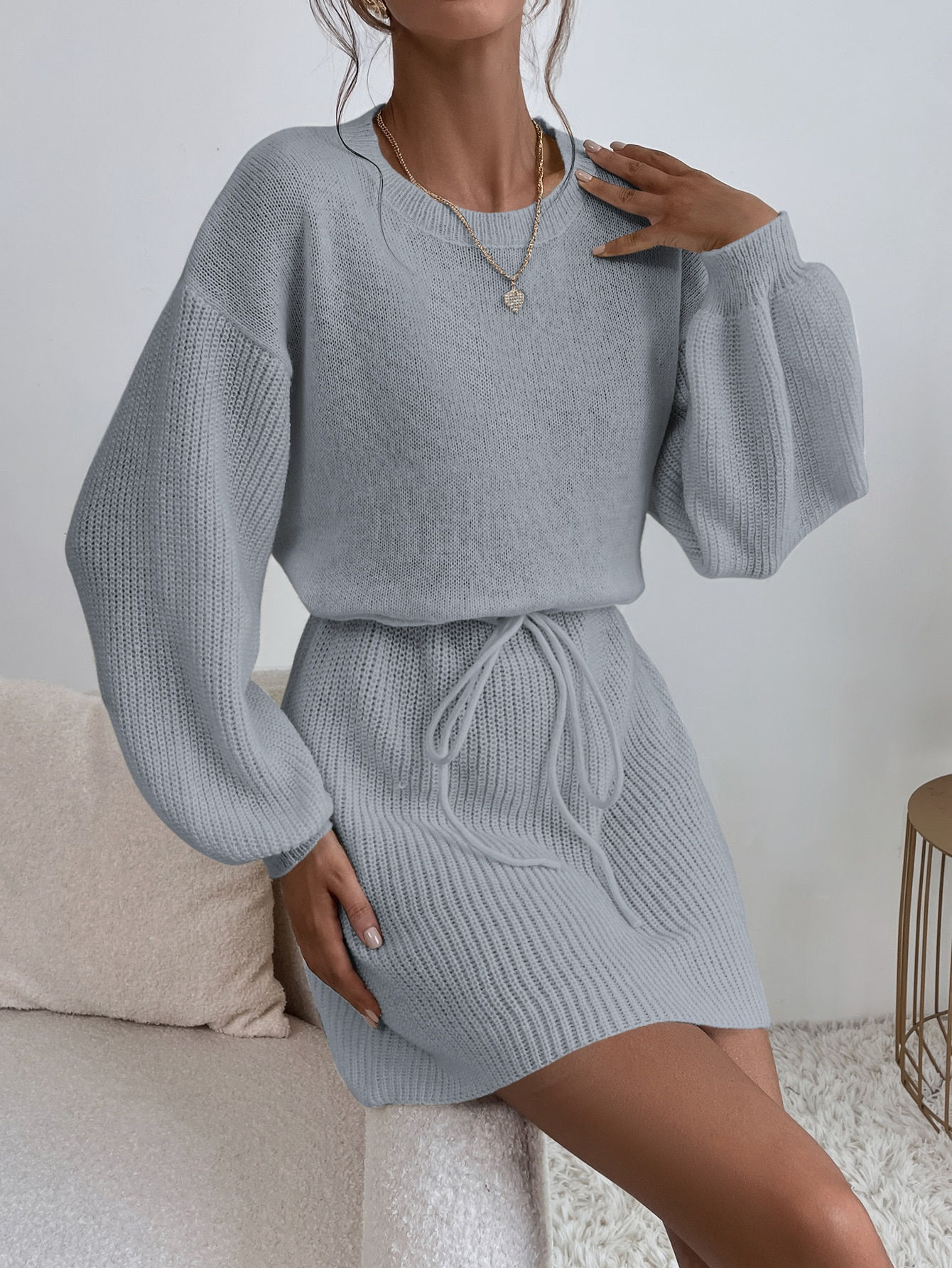 Ribbed Knit Drop Shoulder Drawstring Waist Sweater Dress